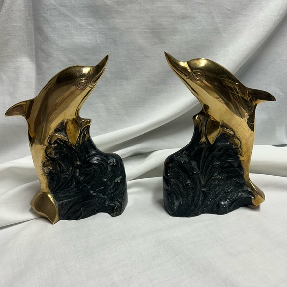 Source Unknown Other - Vintage Brass Metal Dolphin With Ocean Waves Nautical Bookends MCM 70s